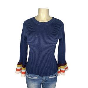 Harlyn Sweater Womens Small Blue Bell Sleeve Ribbed Knit Stripe Cuff Pullover